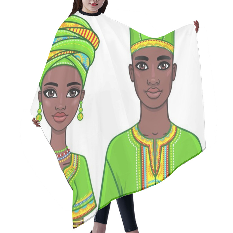 Personality  Animation Portrait Of The African Family In Ethnic Clothes. The Vector Illustration Isolated On A White Background. Hair Cutting Cape