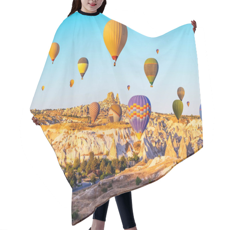 Personality  Colorful Hot Air Balloons Over Cappadocia, Turkey At Sunrise Sunset Time. Amazing View On Historical Valley And Ancient City Goreme Hair Cutting Cape