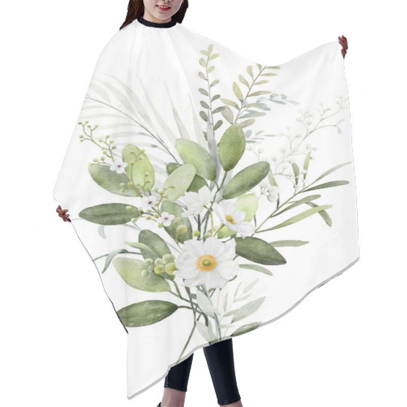 Personality  Watercolor Floral Branch Elements. Collection Botanical With Flower And Green Leaves On White Background Suitable For Wedding Invitation, Save The Date, Thank You, Or Greeting Card. Hair Cutting Cape