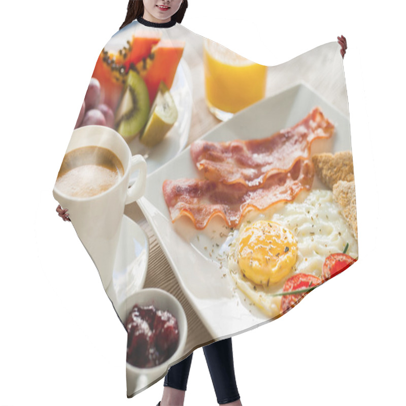 Personality  Continental Breakfast With Fresh Fruit. Hair Cutting Cape