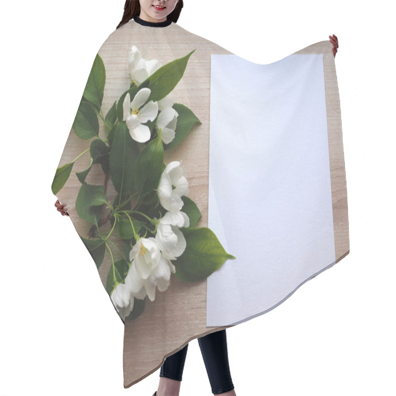 Personality  Styled Stock Photo Stationery Mock Up With Greeting Card And Spring Apple Flowers. Empty Space. Vertical Top View. Hair Cutting Cape