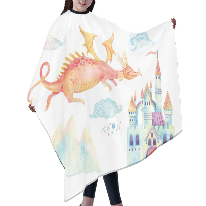 Personality  Watercolor Fairy Tale Collection With Cute Dragon, Magic Castle, Mountains And Fairy Clouds Hair Cutting Cape