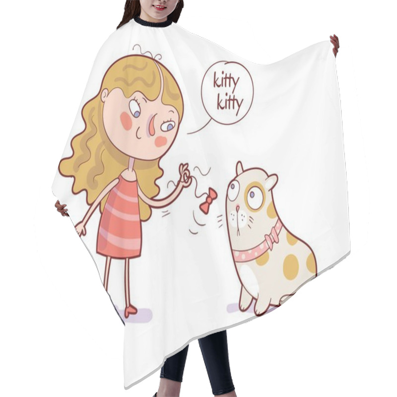 Personality  Cartoon Girl Playing Bow On Rope With Her Cat Hair Cutting Cape