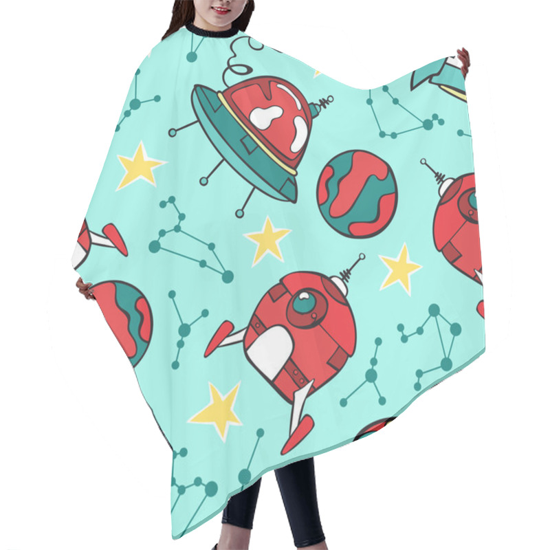 Personality  Space Print. Rocket, Flying Saucer, Planets And Stars. Seamless Vector Pattern (background). Hair Cutting Cape