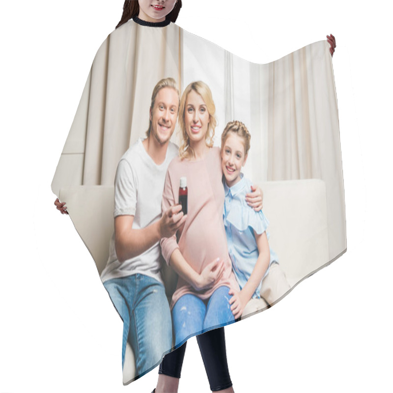 Personality  Man Showing Bottle With Family Near By Hair Cutting Cape