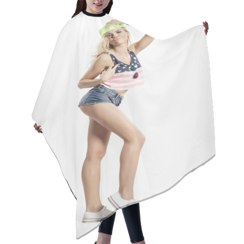 Personality  Blonde Woman Posing In American Flag Shirt Hair Cutting Cape