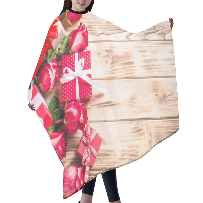 Personality  Holiday Background. Flower And Present On Wooden Table.  Hair Cutting Cape