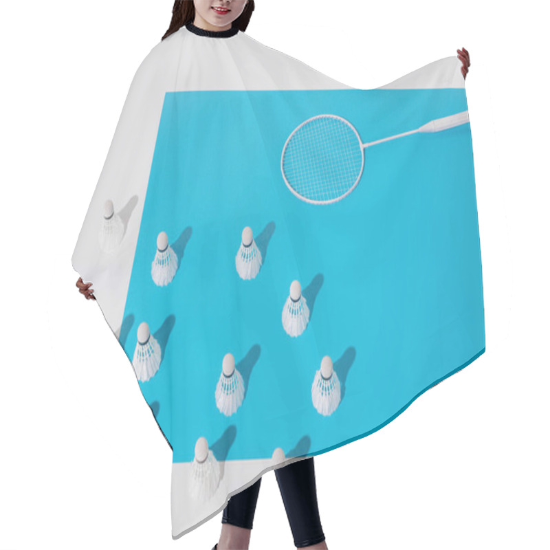 Personality  High Angle View Of White Badminton Racket And Shuttlecocks On Blue Paper Hair Cutting Cape