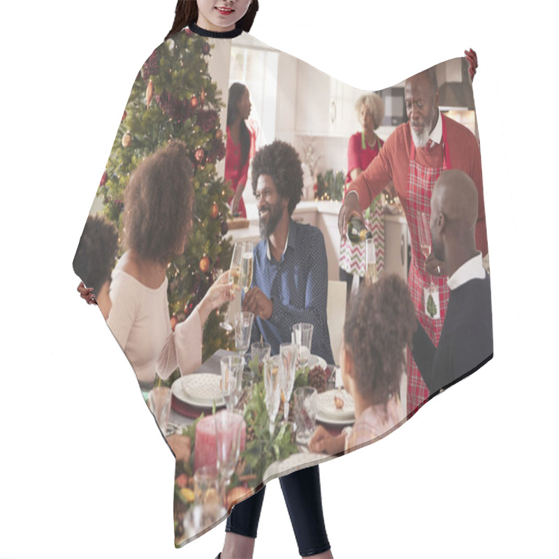 Personality  Family Talking And Raising Glasses At The Dinner Table During A Multi-generation, Mixed Race Family Christmas Celebration Hair Cutting Cape