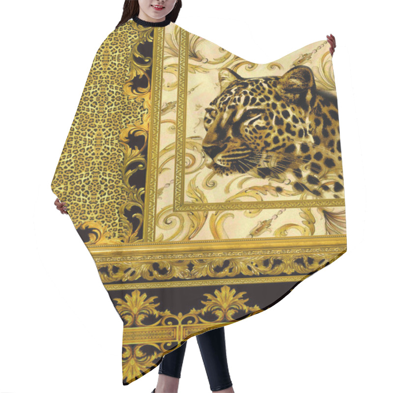 Personality  Leopard Skin Texture And Cheetah Head With Golden Borders, Floral Paisley Pattern. Luxury Baroque Background. - Illustration. Hair Cutting Cape