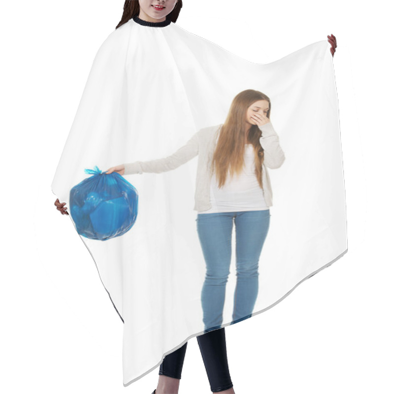 Personality  Woman Holding A Full Garbage Bag. Hair Cutting Cape