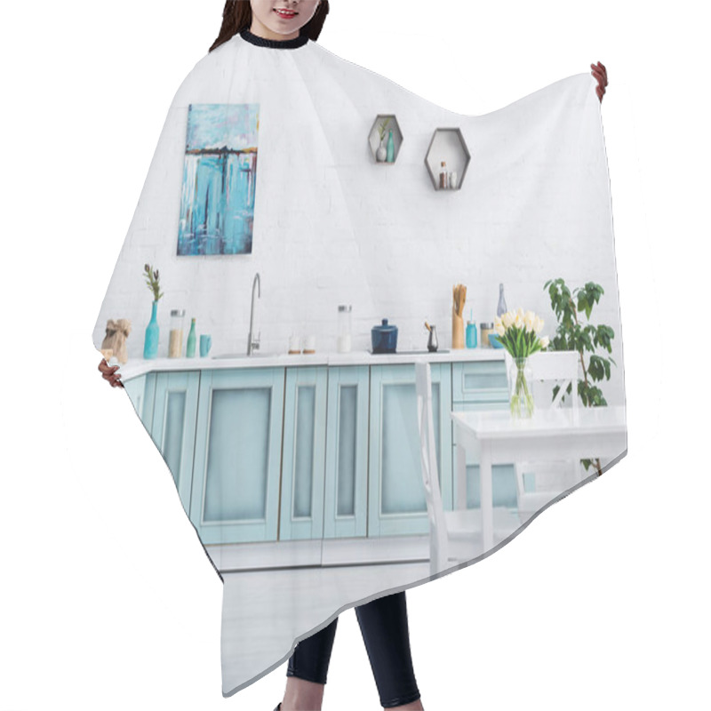 Personality  Interior Of Turquoise And White Kitchen With Kitchenware And Decor  Hair Cutting Cape