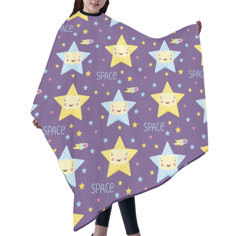 Personality  Funny Stars In Outer Space Cartoon Seamless Pattern. Cute Blue And Yellow Stars With Smiling Faces On Violet Background With Fiery Comets Vector Illustration. For Wrapper, Greeting Card, Invitation Hair Cutting Cape