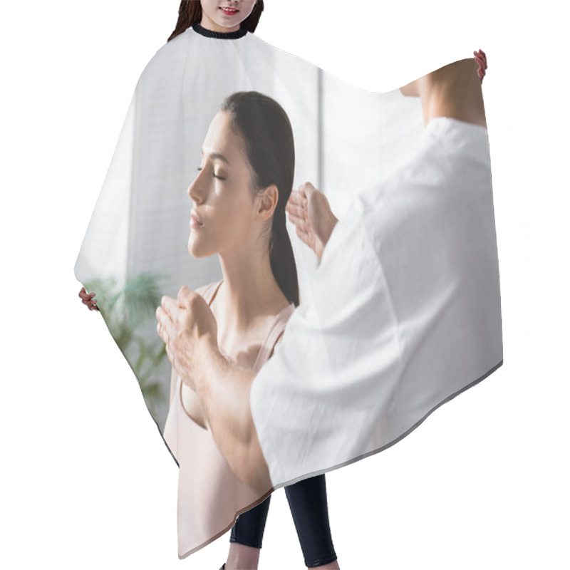 Personality  Cropped View Of Healer Standing Near Woman And Cleaning Her Aura Hair Cutting Cape