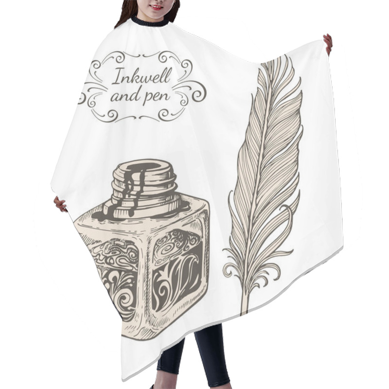 Personality  Vector Image Carved Inkwells And Beautiful Writing Pen And Inkwell And Pen Inscription Hair Cutting Cape