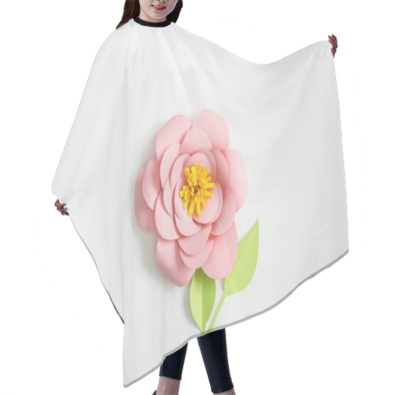 Personality  Top View Of Pink Paper Flower And Green Plants With Leaves On Grey Background Hair Cutting Cape