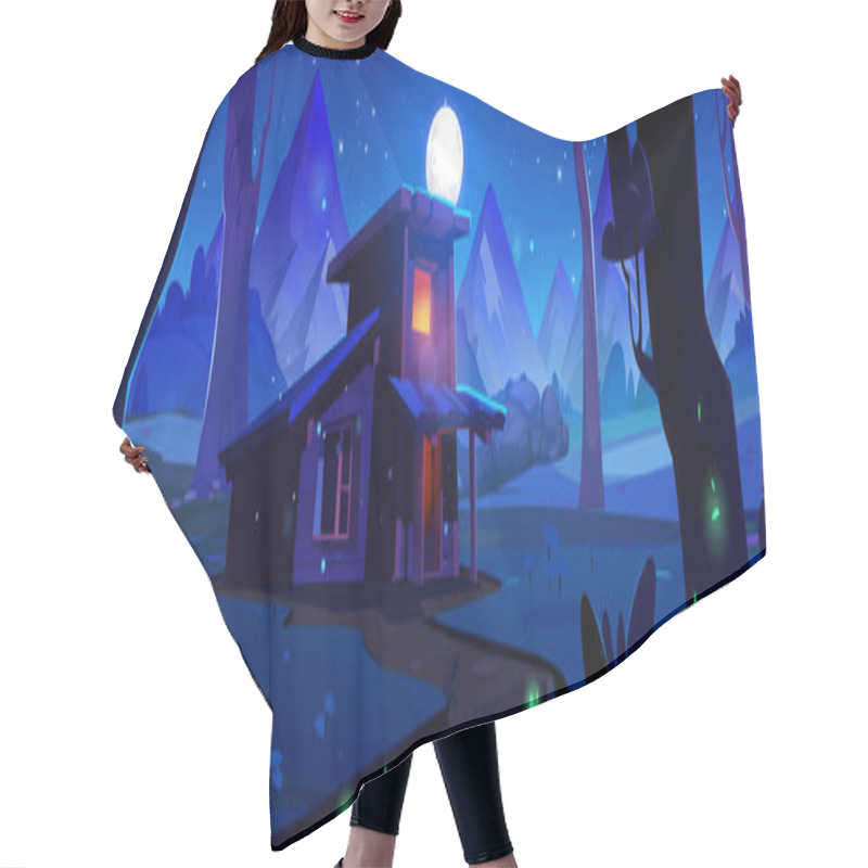 Personality  House In Night Forest With Mountain And Firefly Game Background. Dark Halloween Wild Woods Park Landscape And Magic Cabin. Spooky And Mystic Small Cottage Exterior With Window Above Starry Sky. Hair Cutting Cape