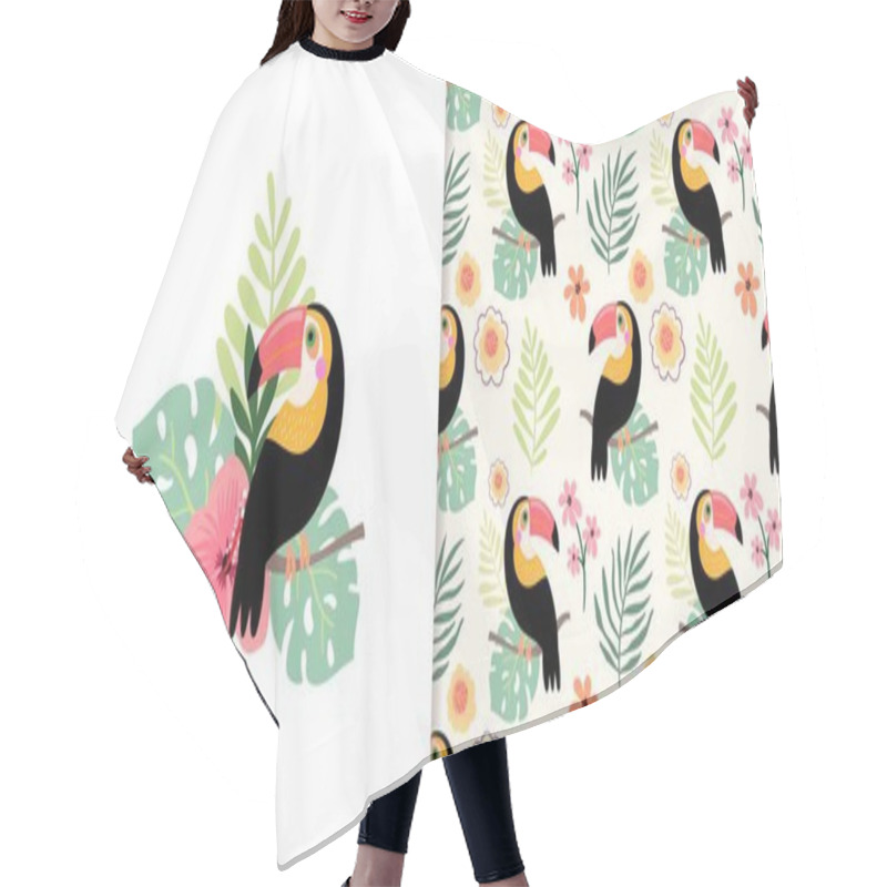 Personality  Tropical Set With Seamless Pattern And Floral Arrangement, Toucan, Hibiscus, Exotic Leaves Hair Cutting Cape