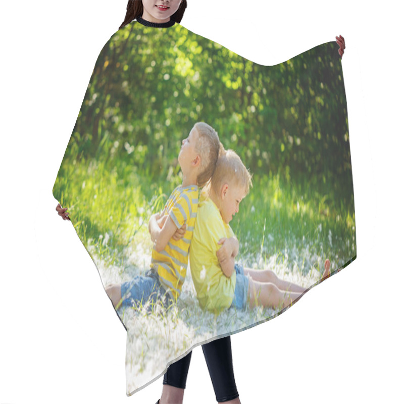 Personality  Two Little Boys , Friends ,  Resentful Kids In Summer Day . Conc Hair Cutting Cape