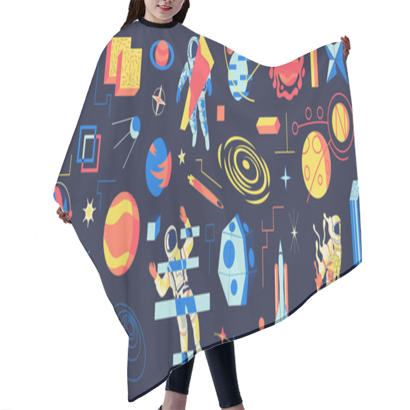 Personality  Astronaut. Futuristic Astronomy Collection With Cosmonaut In Outer Space, Planets And Stars. Abstract Psychedelic Shapes And Mysterious Cosmic Phenomena. Cosmos Exploration, Vector Set Hair Cutting Cape