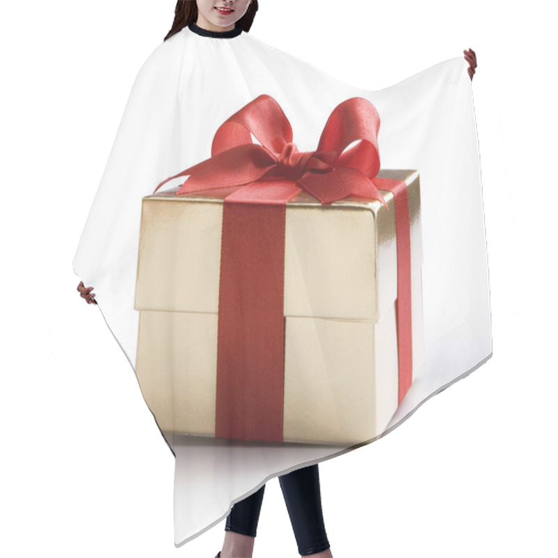 Personality  Art Gold Gift Box With Red Bow Gold Gift Box With Red Bow Isolated On White Hair Cutting Cape