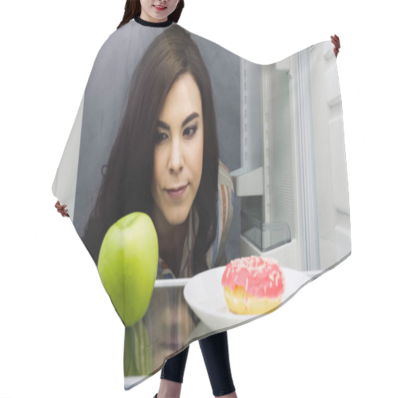 Personality  Brunette Woman Choosing Between Green Apple And Doughnut In Fridge  Hair Cutting Cape