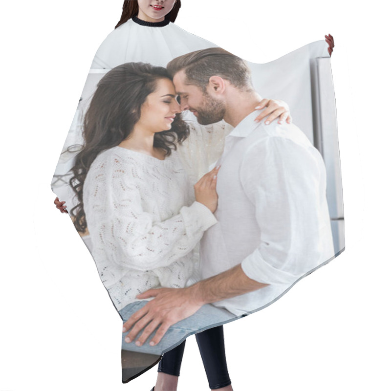 Personality  Man And Woman Gently Embracing At Kitchen Hair Cutting Cape