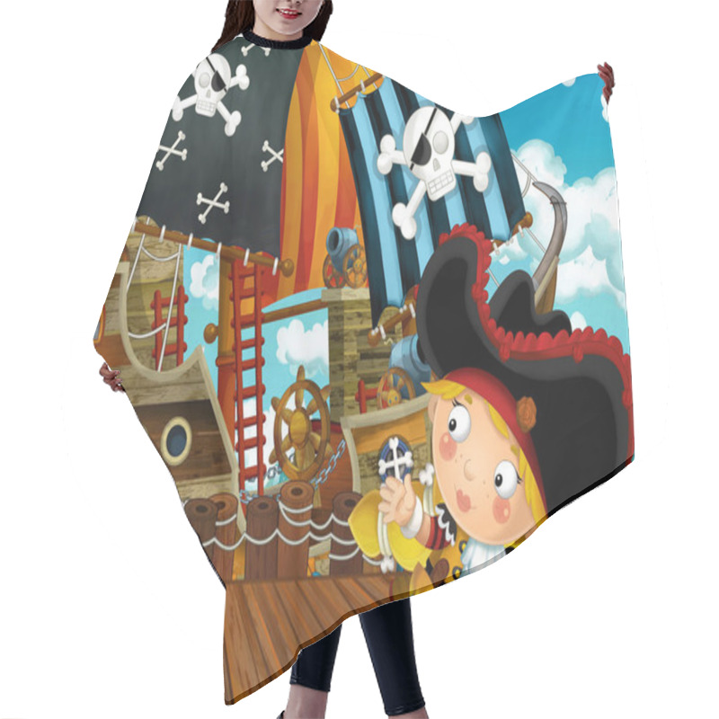 Personality  Cartoon Scene With Pirate Sailing Ship Docking - Illustration For Children Hair Cutting Cape