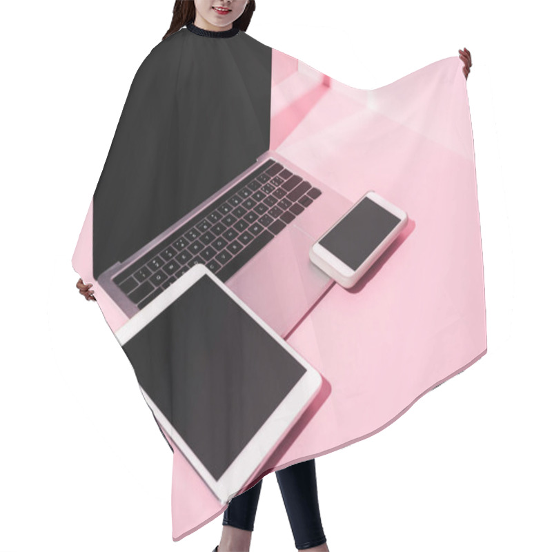 Personality  Modern Gadgets With Blank Screens On Pink Background Hair Cutting Cape