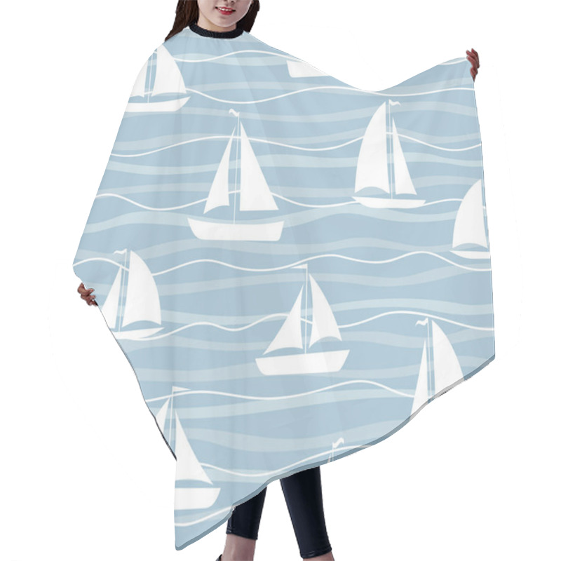 Personality  Fabric Textile Print Template. Sailboats On The Waves. Hair Cutting Cape