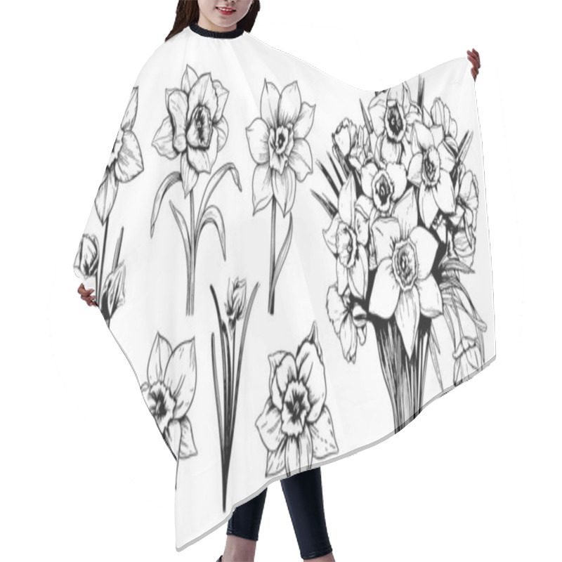 Personality  Daffodil Flowers Set Sketch Hand Drawn In Comic Style.Vector Garden Flowers Hair Cutting Cape