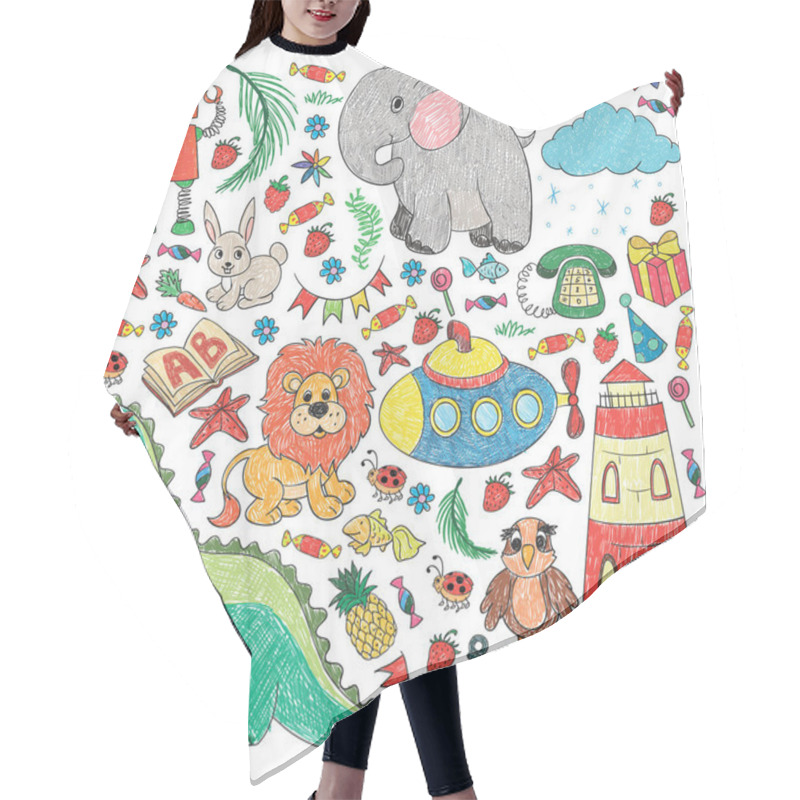 Personality  Vector Kindergarten Pattern With Animals And Toys. Illustration For Little Boys And Girls. Hair Cutting Cape