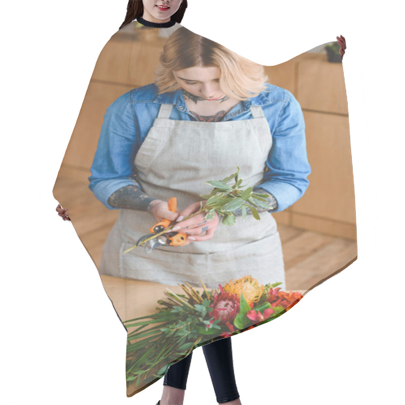 Personality  Young Florist In Apron Cutting Plants At Workplace Hair Cutting Cape