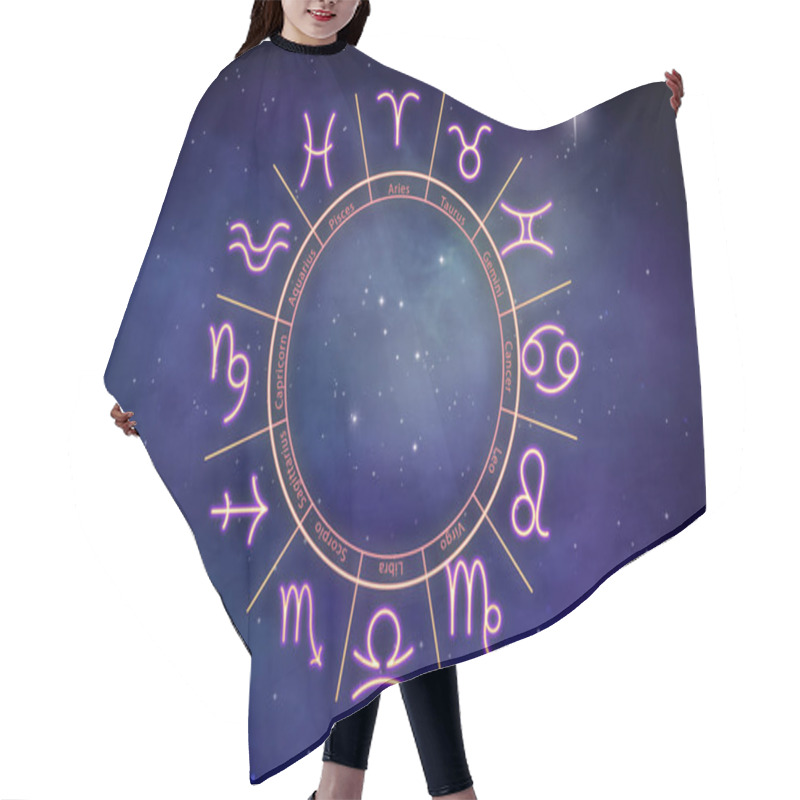 Personality  Zodiac Wheel With Twelve Signs On Starry Sky Background. Horoscopic Astrology Hair Cutting Cape