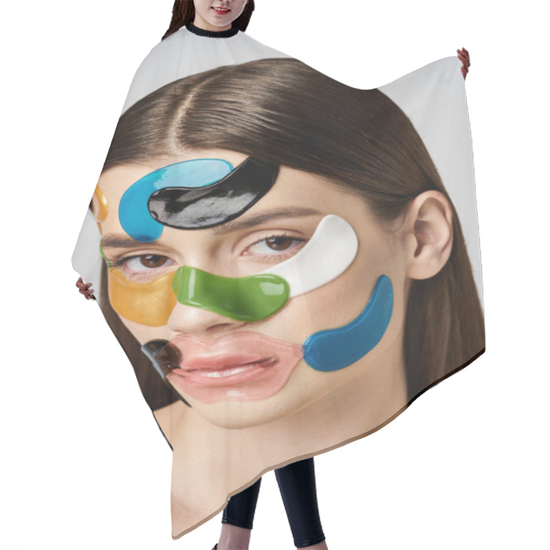 Personality  A Young Woman Poses With Eye Patches On Her Face, Showcasing Her Creative And Imaginative Transformation. Hair Cutting Cape