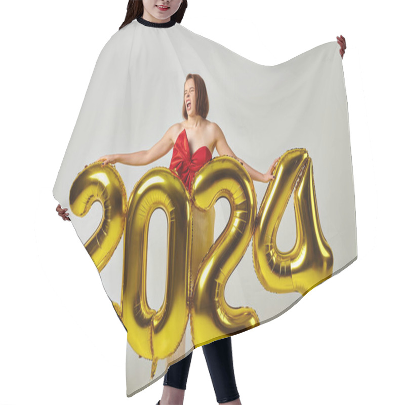 Personality  2024 New Year, Young Woman In Trendy Attire Holding Balloons With Numbers While Sneezing On Grey Hair Cutting Cape