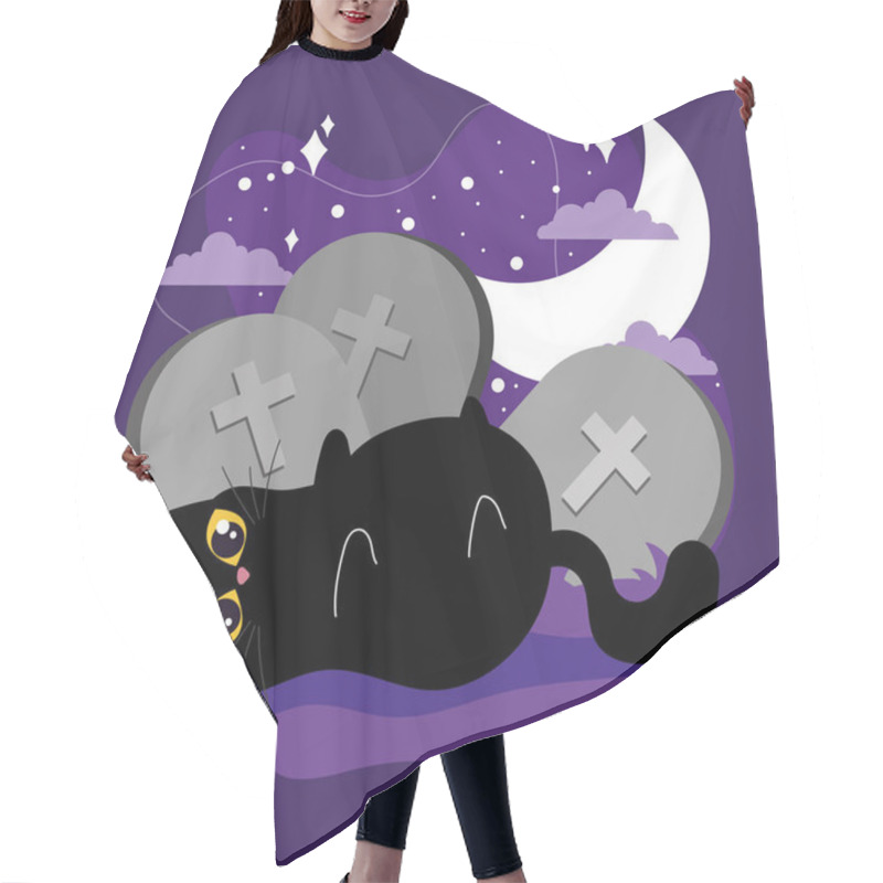 Personality  Playful Black Cat Lying By Gravestones Under Full Moon In Spooky Halloween Scene, Vector Illustration Hair Cutting Cape