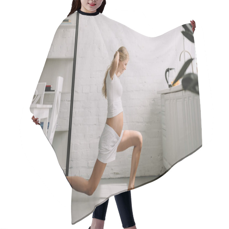 Personality  Side View Of Pregnant Woman Doing Fitness Exercises At Home Hair Cutting Cape