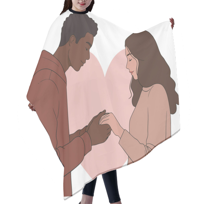 Personality  Illustration Of A Black Young Man Holding The Hands Of A White Girl In Front Of A Large Heart Pattern, White Background Hair Cutting Cape