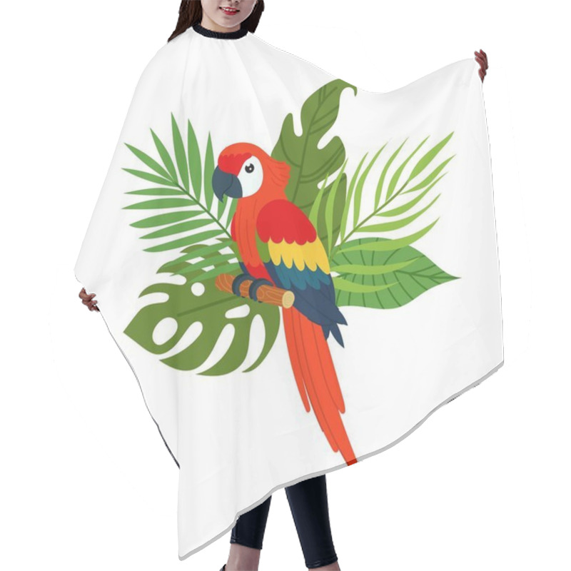 Personality  A Tropical Forest. Composition Of Tropical Plants And Tropical Bird. Parrot On A Background Of Tropical Branches In A Flat Style. Hair Cutting Cape