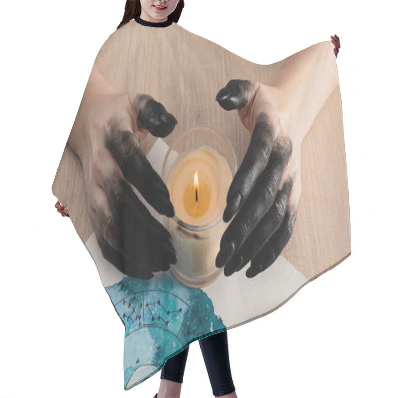 Personality  Cropped View Of Witch With Black Paint On Hands Holding Candle By Cards With Watercolor Zodiac Signs On Table  Hair Cutting Cape