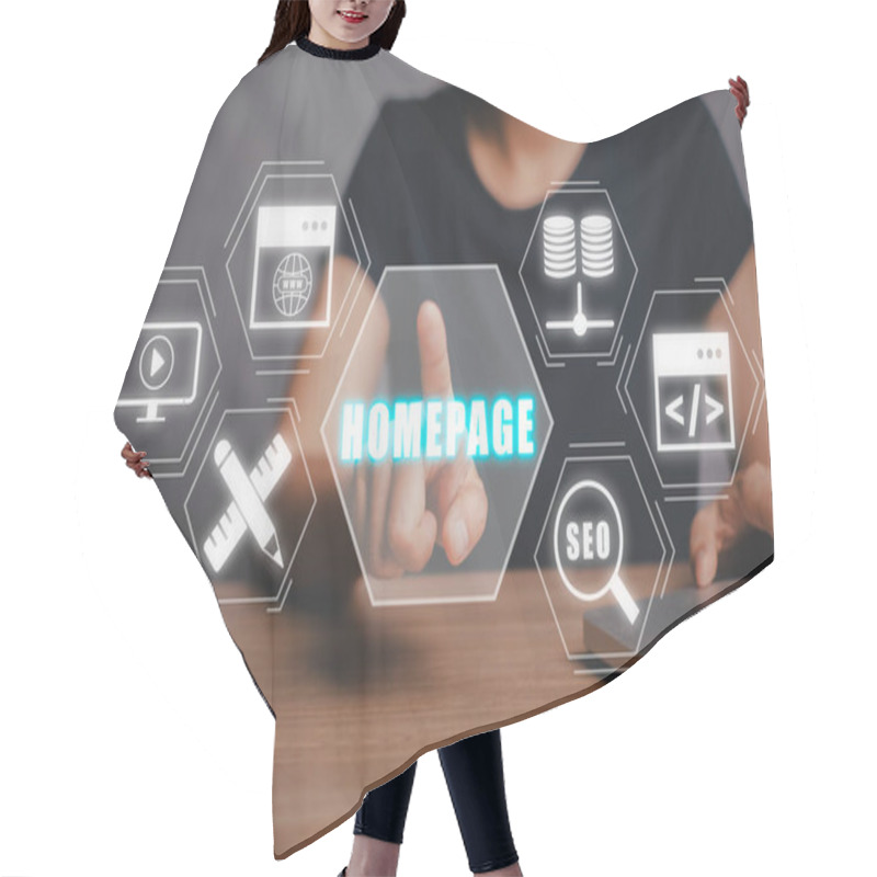 Personality  Homepage Concept, Business Woman Working On Laptop Computer With Homepage Icon On Virtual Screen. Hair Cutting Cape