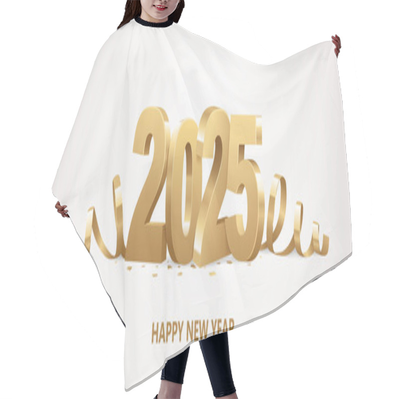 Personality  Happy New Year 2025. Golden 3D Numbers With Ribbons And Confetti On A White Background. Hair Cutting Cape