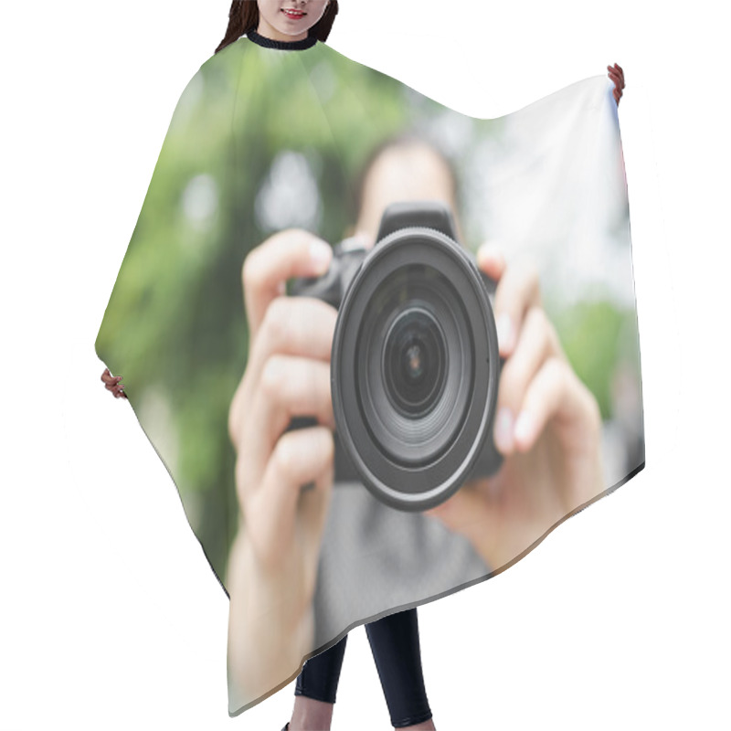 Personality  Young Smiling Girl Making Photo Hair Cutting Cape