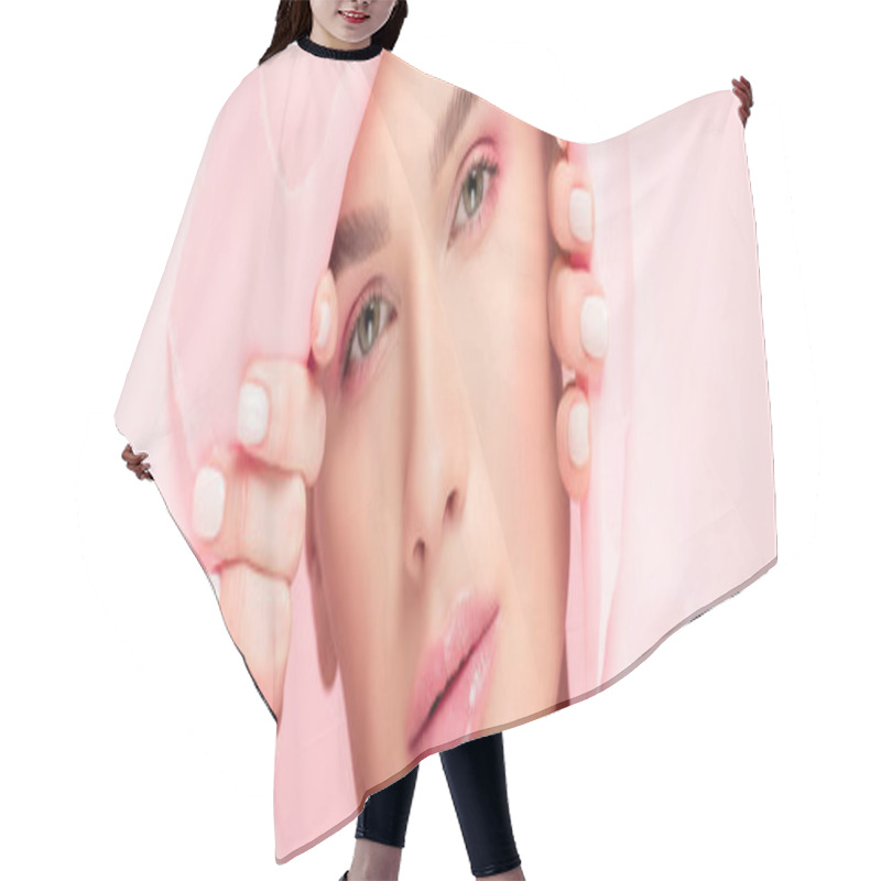 Personality  Panoramic Shot Of Beautiful Young Woman With Pink Makeup In Torn Paper, Isolated On Pink Hair Cutting Cape