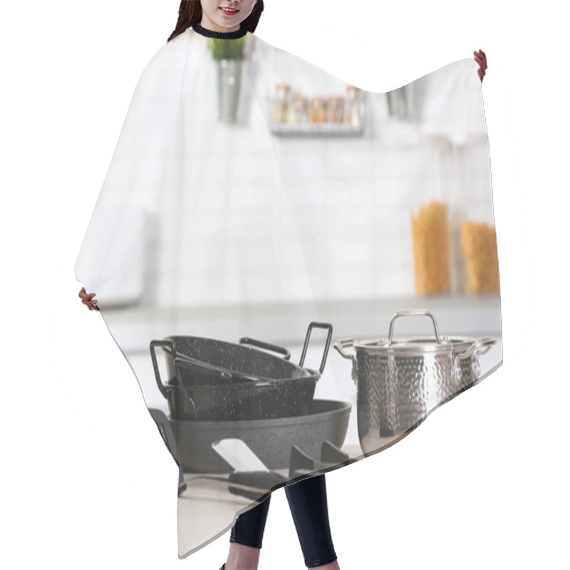 Personality  Set Of Clean Cookware And Utensils On Table In Modern Kitchen Hair Cutting Cape