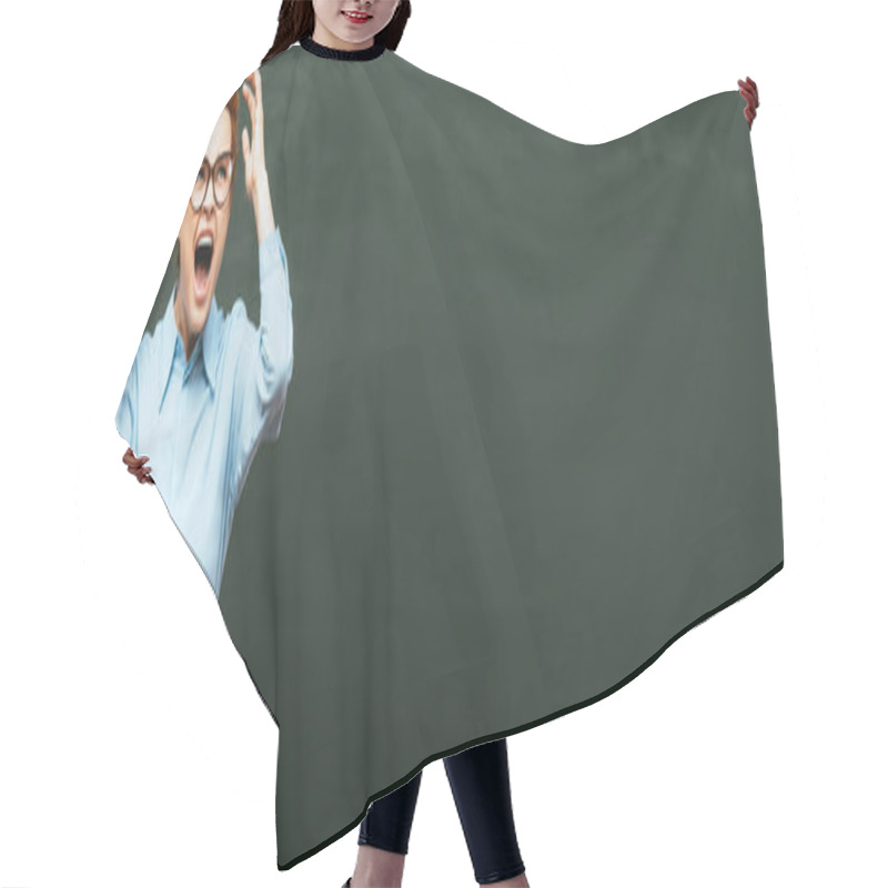 Personality  Horizontal Image Of Angry Teacher Gesturing And Screaming Near Chalkboard Hair Cutting Cape