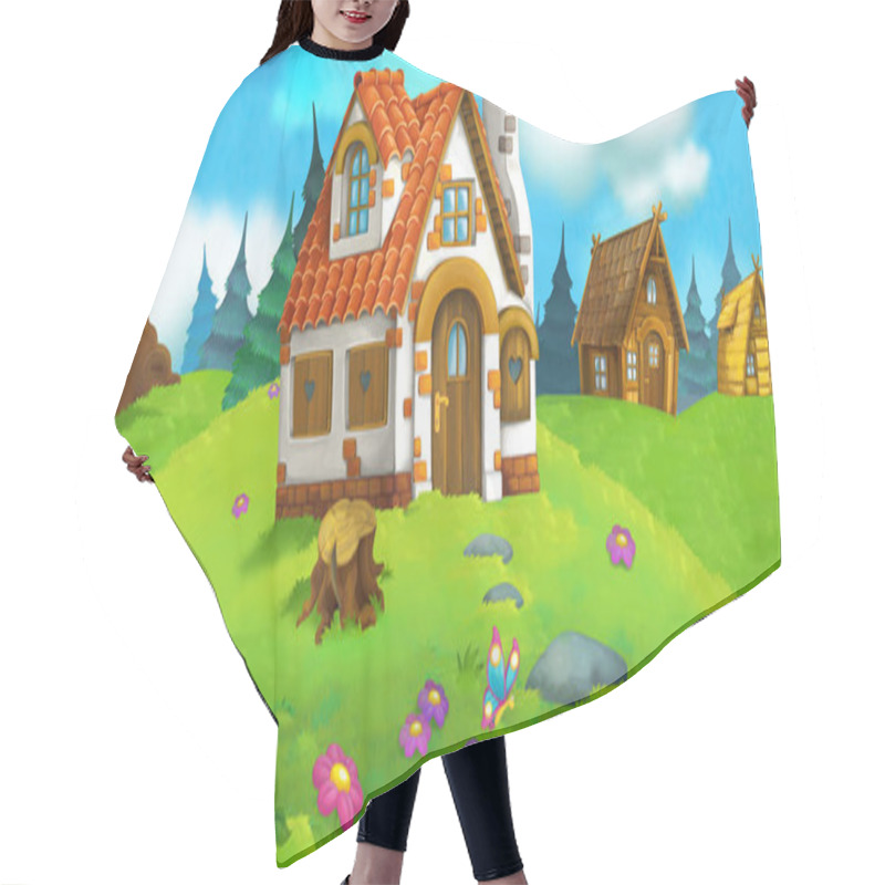 Personality  Cartoon Scene With Beautiful Rural Brick House In The Forest On The Meadow - Illustration For Children Hair Cutting Cape