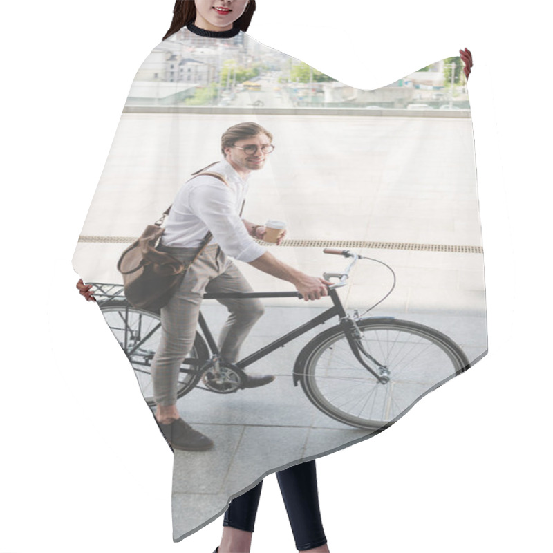 Personality  High Angle View Of Attractive Young Man With Paper Cup Of Coffee On Vintage Bicycle Hair Cutting Cape