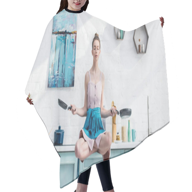 Personality  Panoramic Shot Of Young Woman Meditating In Air With Pans Hair Cutting Cape